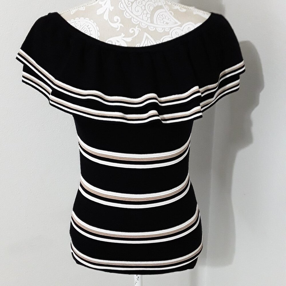 White House Black Market black with tan and cream stripes on or off shoulder M